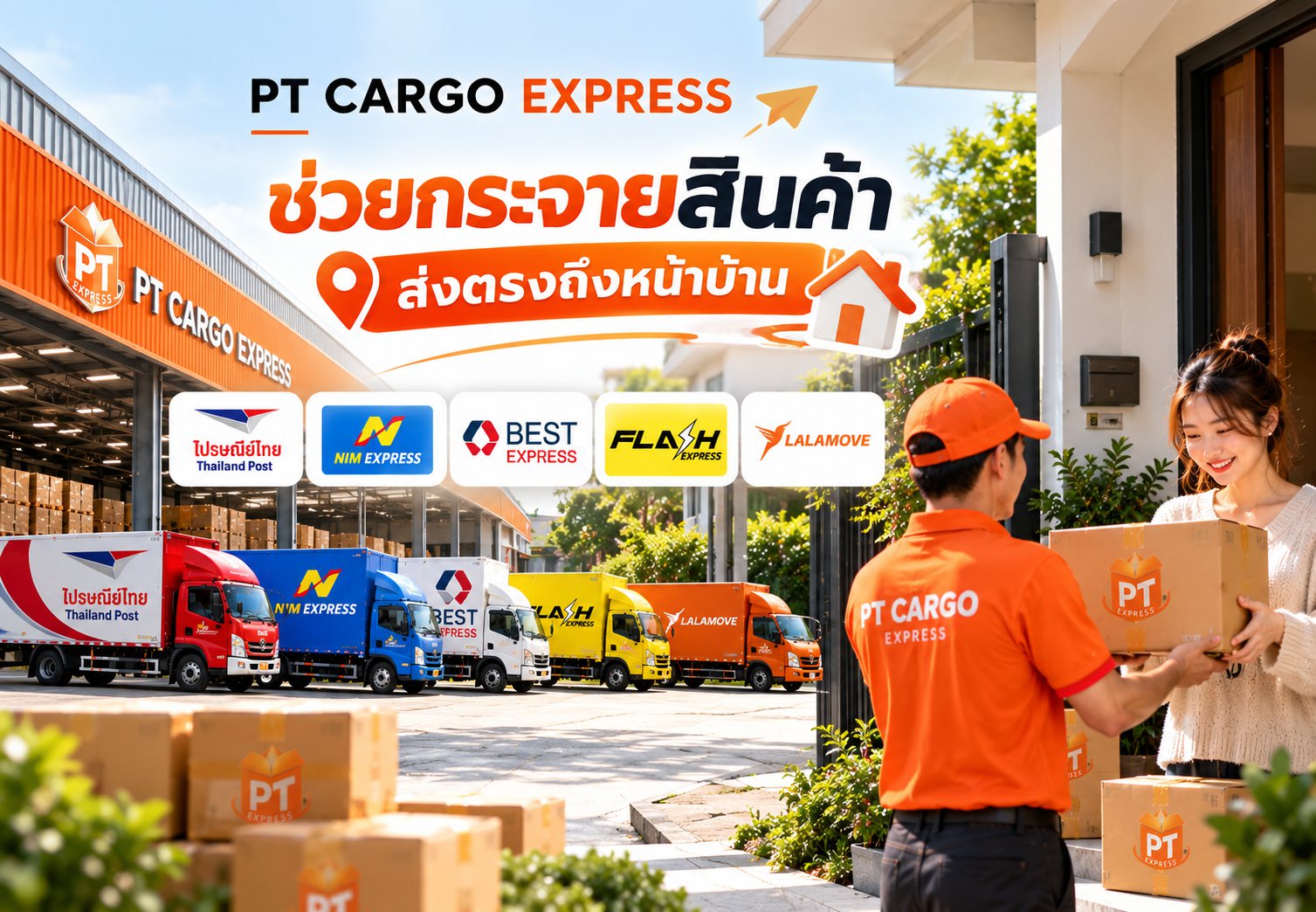รถกระบะหลังคาสูงของ PTCARGO กำลังขนสินค้าออกจากโกดังในประเทศไทย