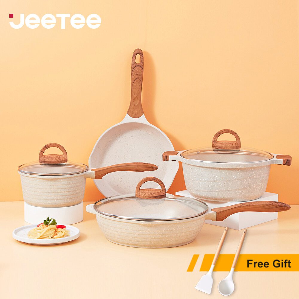 JEETEE ชุดเครื่องครัวไม่ติด 4PCS หินแกรนิตสีขาวชุดทำอาหารครัว