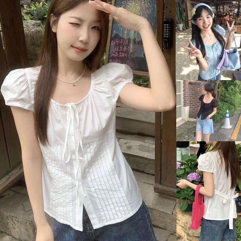 (ส่งจากกรุงเทพฯ)สไตล์เกาหลี เสื้อเชิ้ตผู้หญิง แขนสั้น สไตล์เรียบง่าย แ