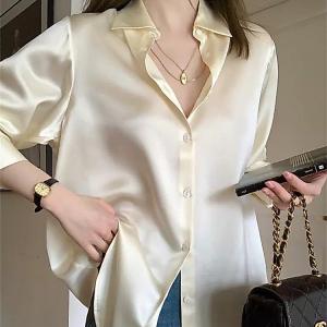 พร้อมส่ง เสื้อเบลาส์ แขนยาว ผ้าซาติน สไตล์เกาหลี สําหรับผู้หญิง