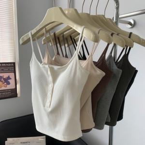 เสื้อสายเดี่ยว ฟองน้ำในตัวเย็บติดเนื้อผ้า ทรงสวยใส่สบายผ้านิ่มตกเเต่งกนะดุมน่ารัก รุ่น B-102 ส่งจากไทย