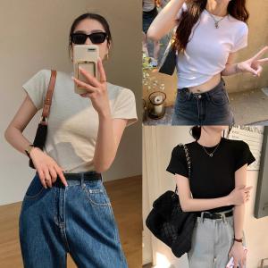 Bella🌻เสื้อยืดผู้หญิง คอกลมแขนสั้น สีทึบ แฟชั่น